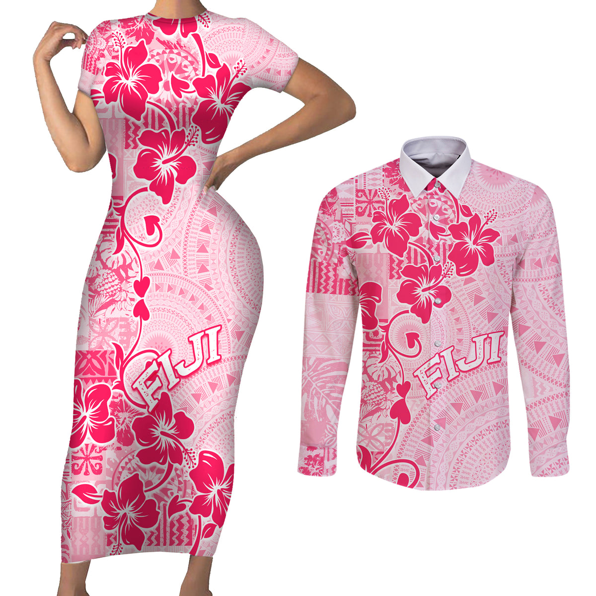 Fiji Masi With Hibiscus Tapa Tribal Couples Matching Short Sleeve Bodycon Dress and Long Sleeve Button Shirt Pink Pastel LT01 Pink - Polynesian Pride