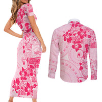 Fiji Masi With Hibiscus Tapa Tribal Couples Matching Short Sleeve Bodycon Dress and Long Sleeve Button Shirt Pink Pastel LT01 - Polynesian Pride