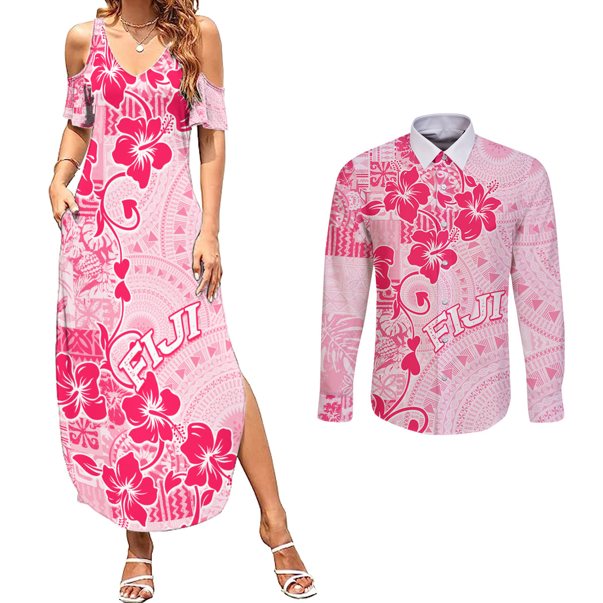 Fiji Masi With Hibiscus Tapa Tribal Couples Matching Summer Maxi Dress and Long Sleeve Button Shirt Pink Pastel LT01 Pink - Polynesian Pride