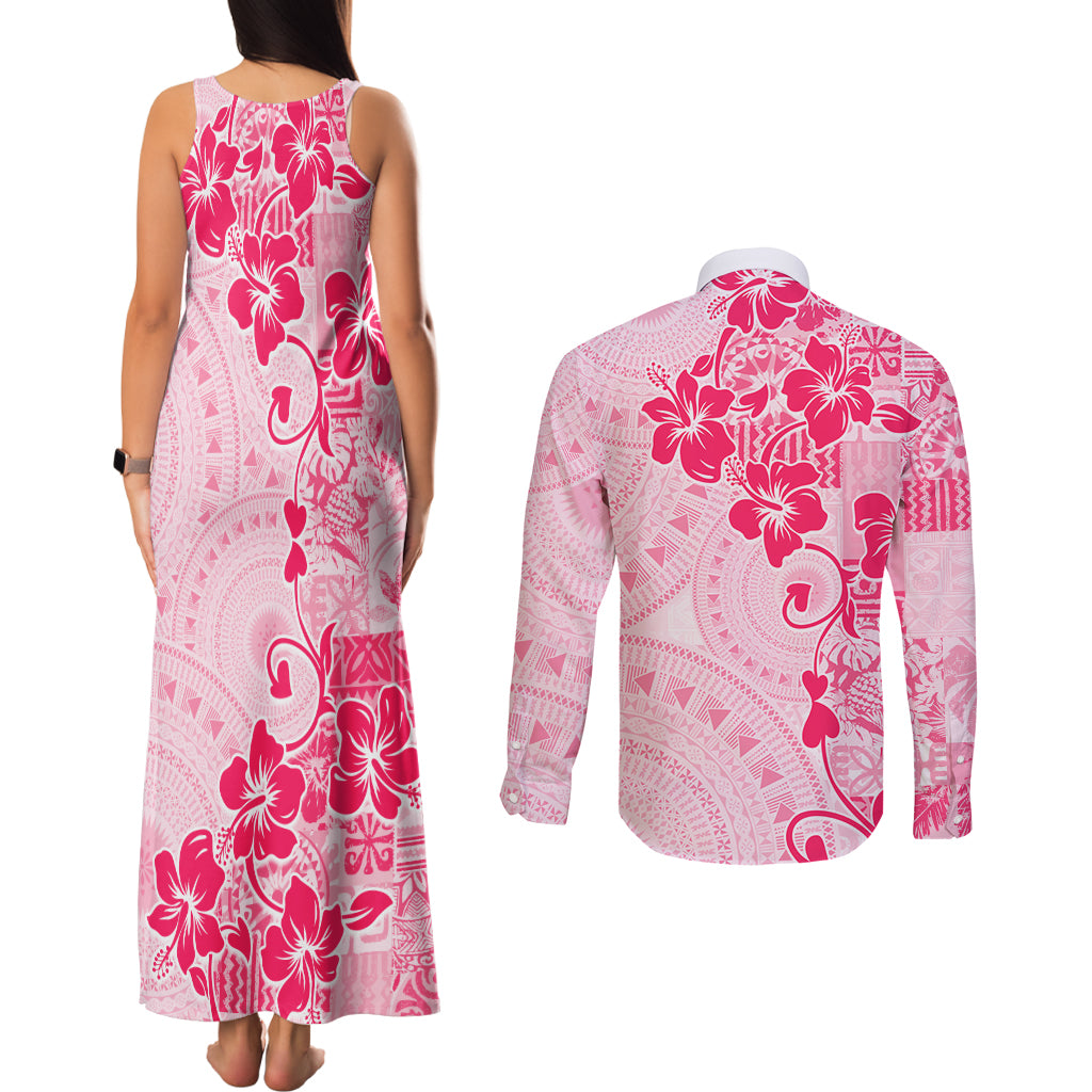 Fiji Masi With Hibiscus Tapa Tribal Couples Matching Tank Maxi Dress and Long Sleeve Button Shirt Pink Pastel LT01 - Polynesian Pride