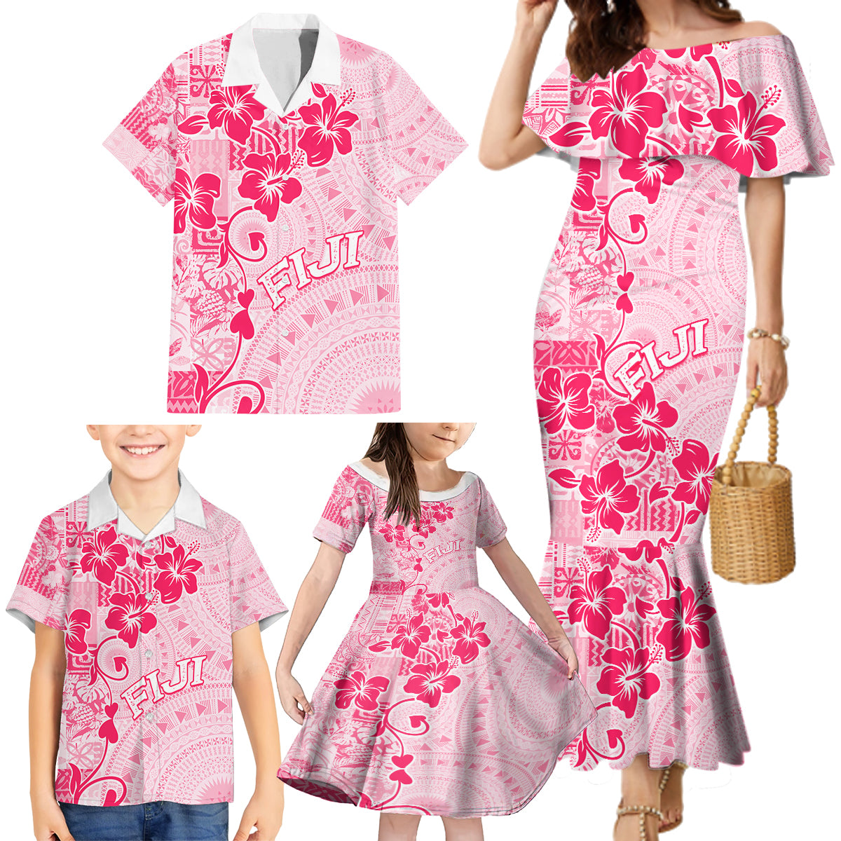 Fiji Masi With Hibiscus Tapa Tribal Family Matching Mermaid Dress and Hawaiian Shirt Pink Pastel LT01 - Polynesian Pride