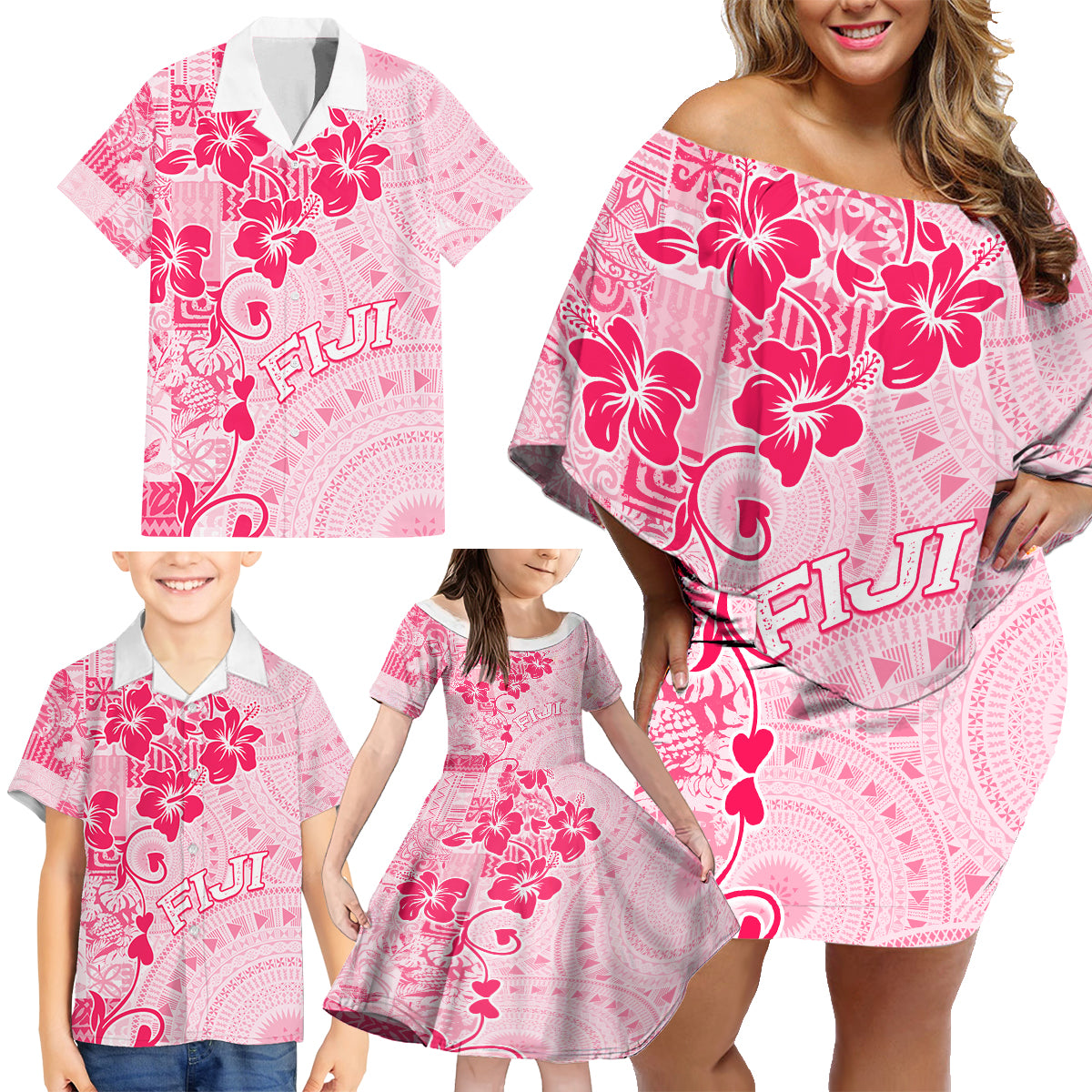 Fiji Masi With Hibiscus Tapa Tribal Family Matching Off Shoulder Short Dress and Hawaiian Shirt Pink Pastel LT01 - Polynesian Pride