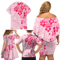 Fiji Masi With Hibiscus Tapa Tribal Family Matching Off Shoulder Short Dress and Hawaiian Shirt Pink Pastel LT01 - Polynesian Pride