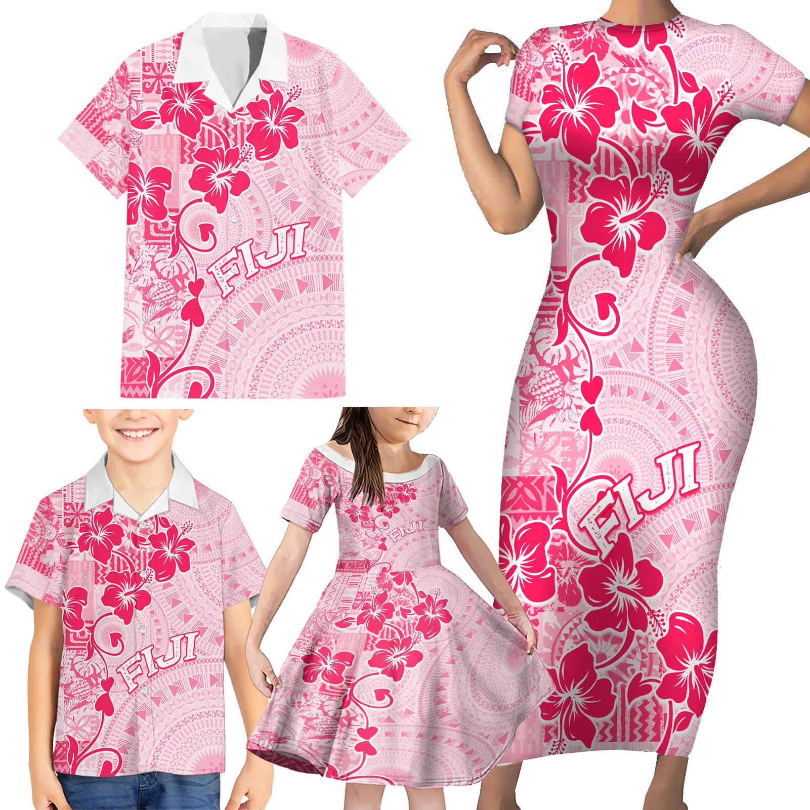 Fiji Masi With Hibiscus Tapa Tribal Family Matching Short Sleeve Bodycon Dress and Hawaiian Shirt Pink Pastel LT01 - Polynesian Pride