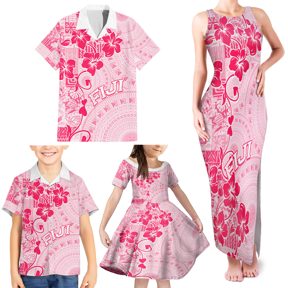 Fiji Masi With Hibiscus Tapa Tribal Family Matching Tank Maxi Dress and Hawaiian Shirt Pink Pastel LT01 - Polynesian Pride