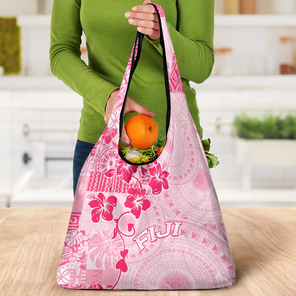Fiji Masi With Hibiscus Tapa Tribal Grocery Bag Pink Pastel