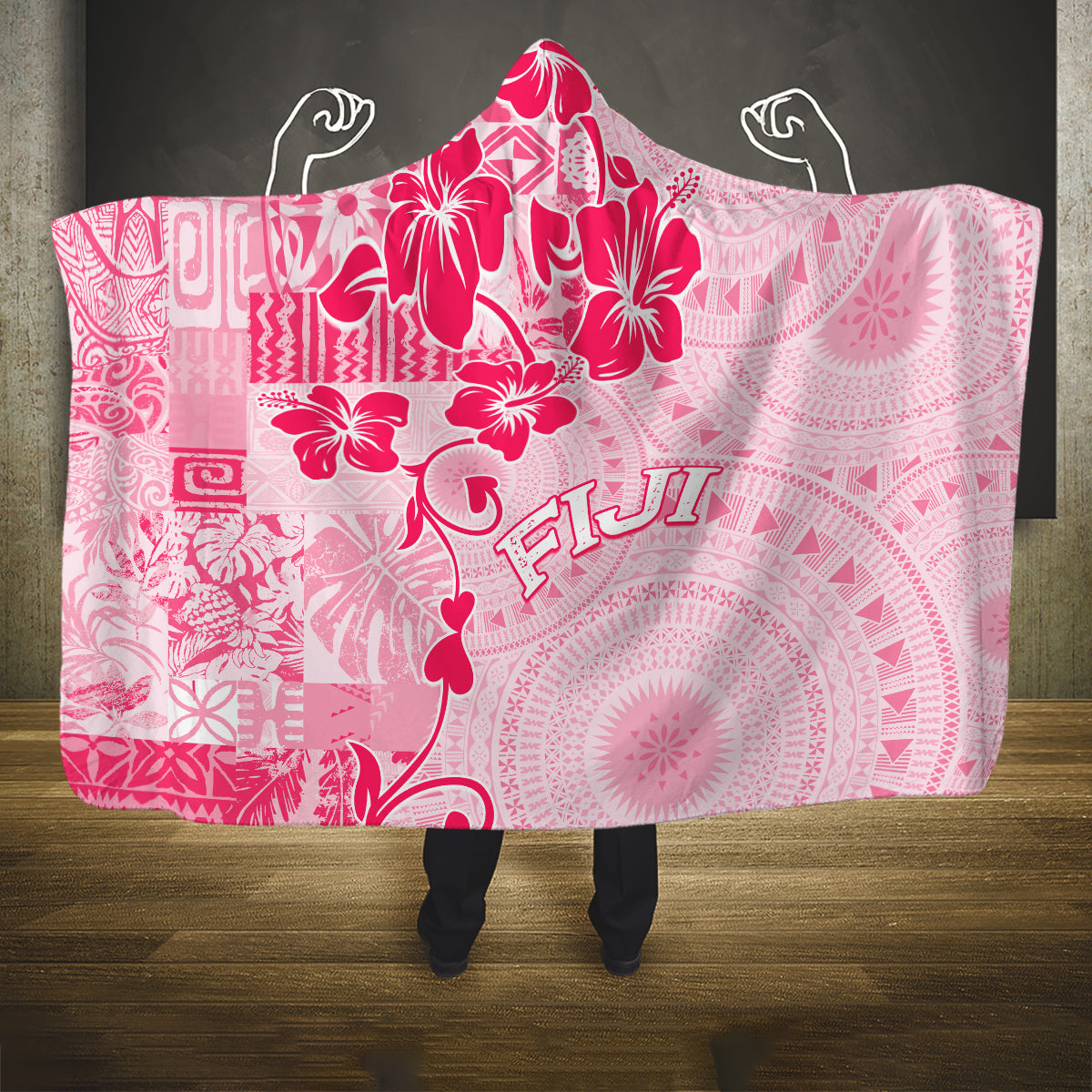 Fiji Masi With Hibiscus Tapa Tribal Hooded Blanket Pink Pastel LT01 One Size Pink - Polynesian Pride