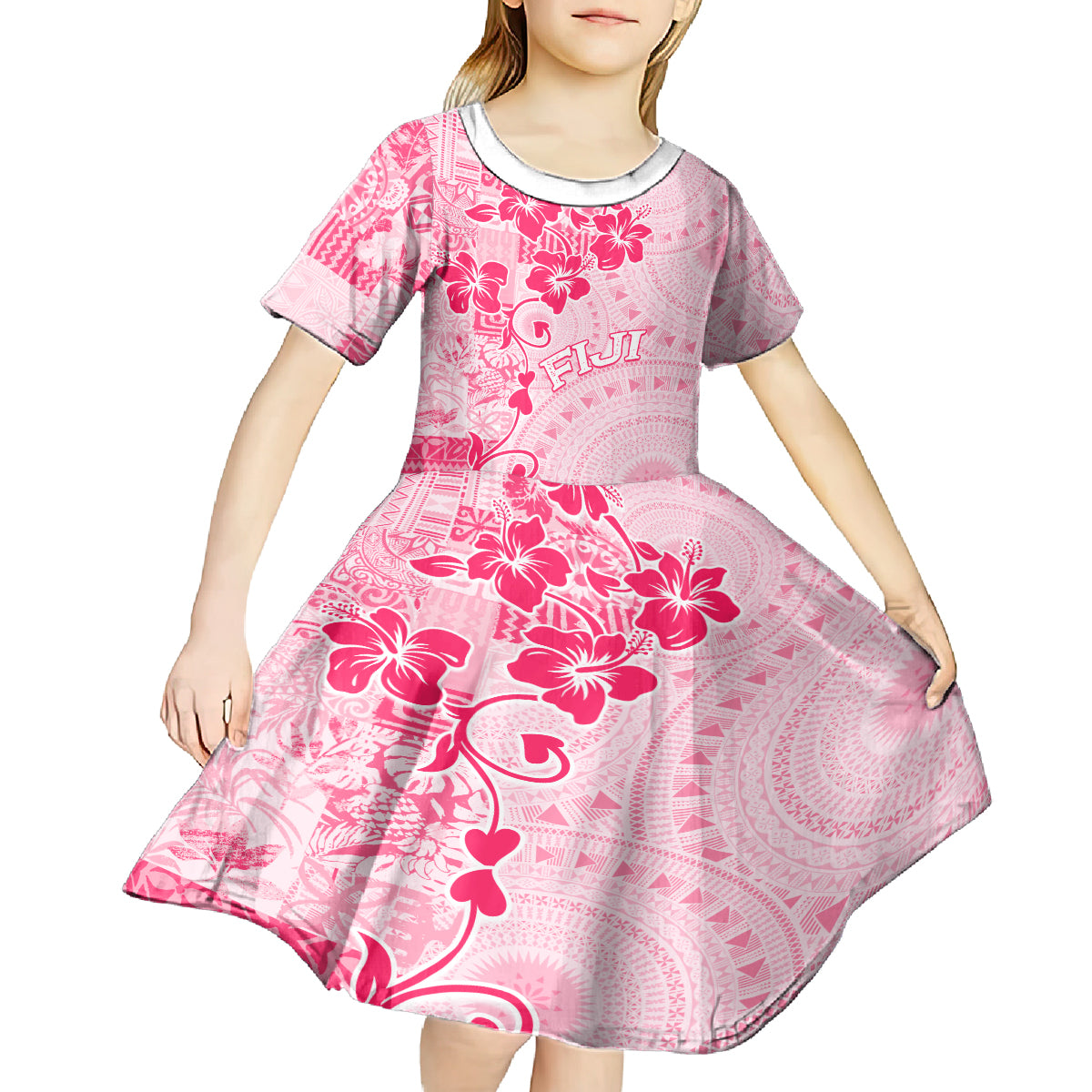 Fiji Masi With Hibiscus Tapa Tribal Kid Short Sleeve Dress Pink Pastel LT01 - Polynesian Pride