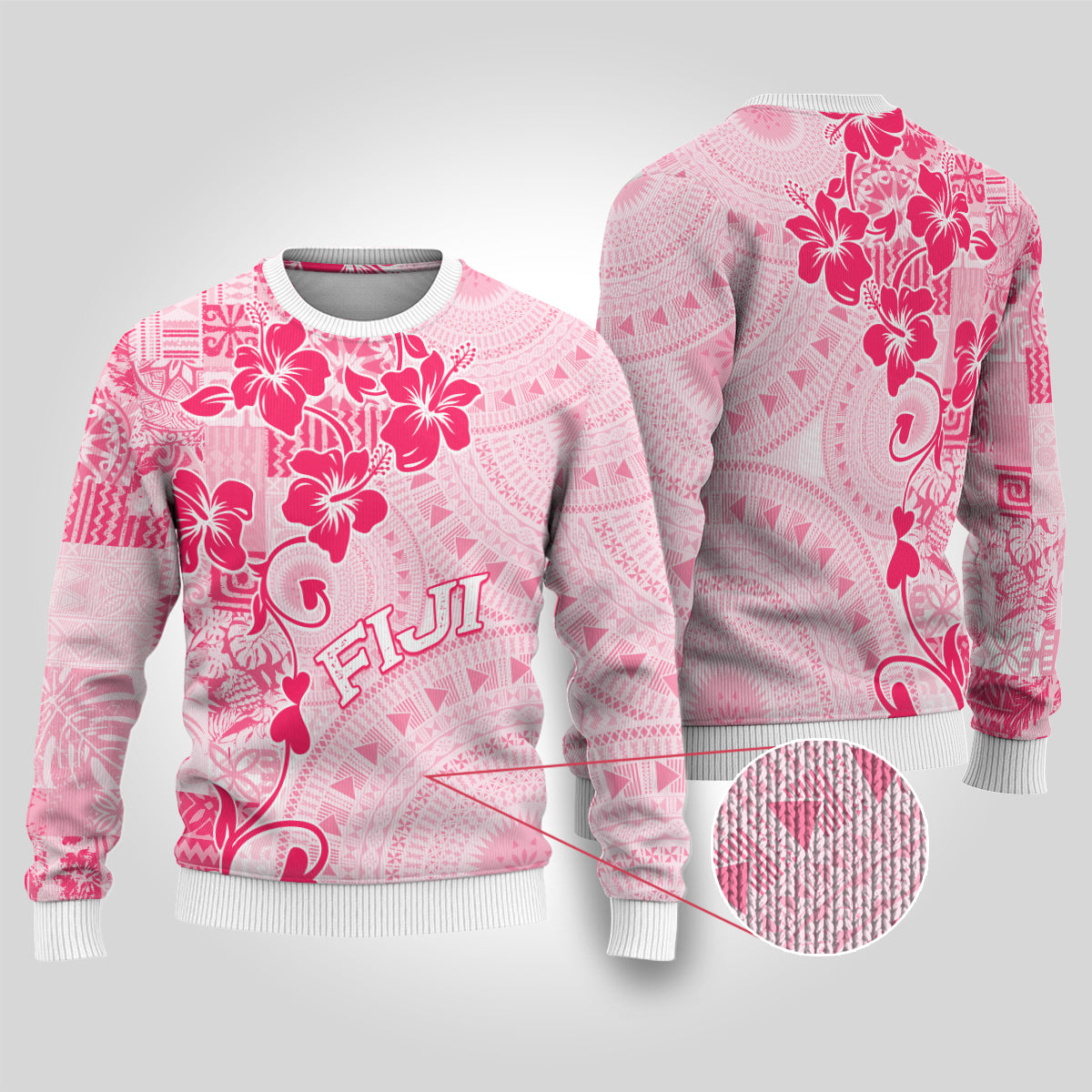 Fiji Masi With Hibiscus Tapa Tribal Ugly Christmas Sweater Pink Pastel LT01 Pink - Polynesian Pride