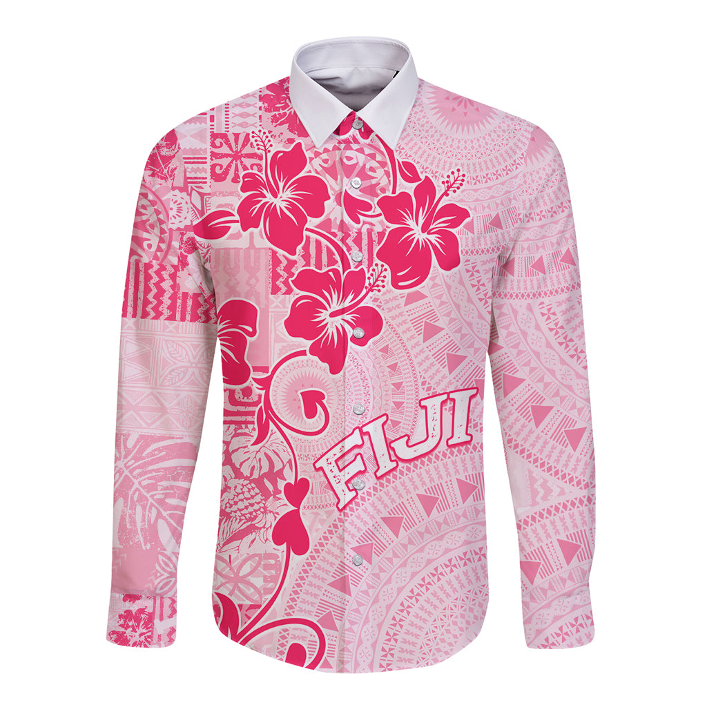Fiji Masi With Hibiscus Tapa Tribal Long Sleeve Button Shirt Pink Pastel LT01 Unisex Pink - Polynesian Pride