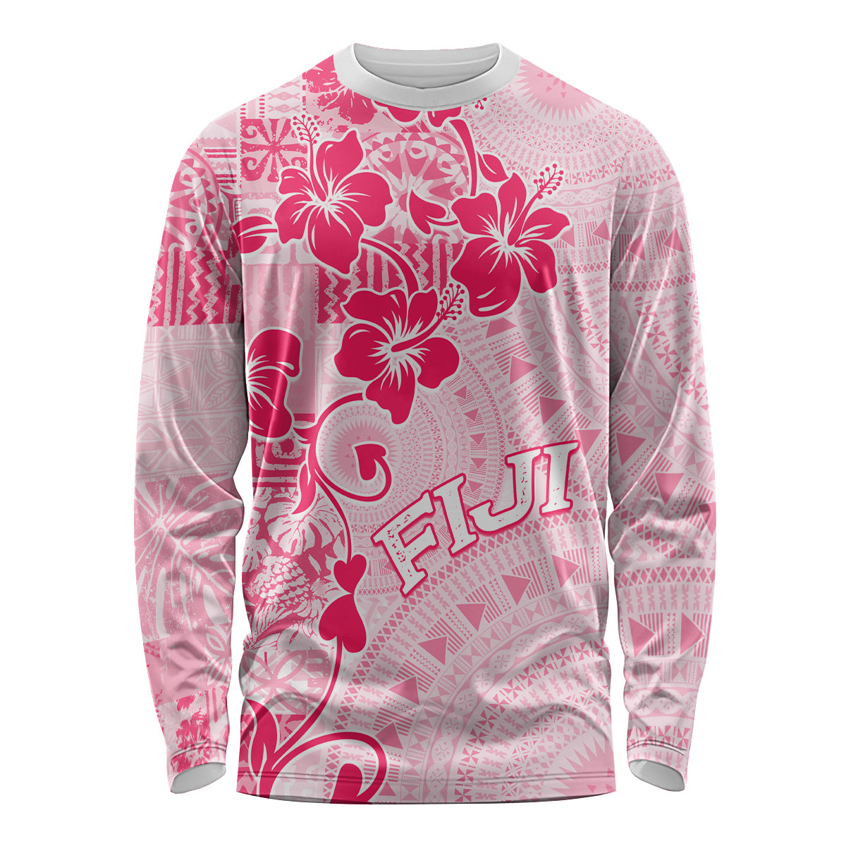 Fiji Masi With Hibiscus Tapa Tribal Long Sleeve Shirt Pink Pastel LT01 Unisex Pink - Polynesian Pride