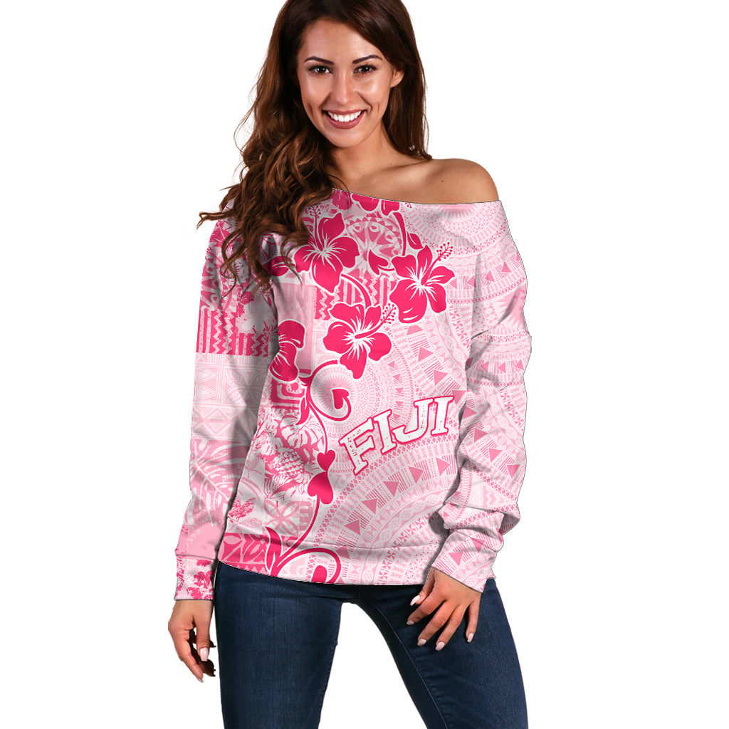 Fiji Masi With Hibiscus Tapa Tribal Off Shoulder Sweater Pink Pastel LT01 Women Pink - Polynesian Pride