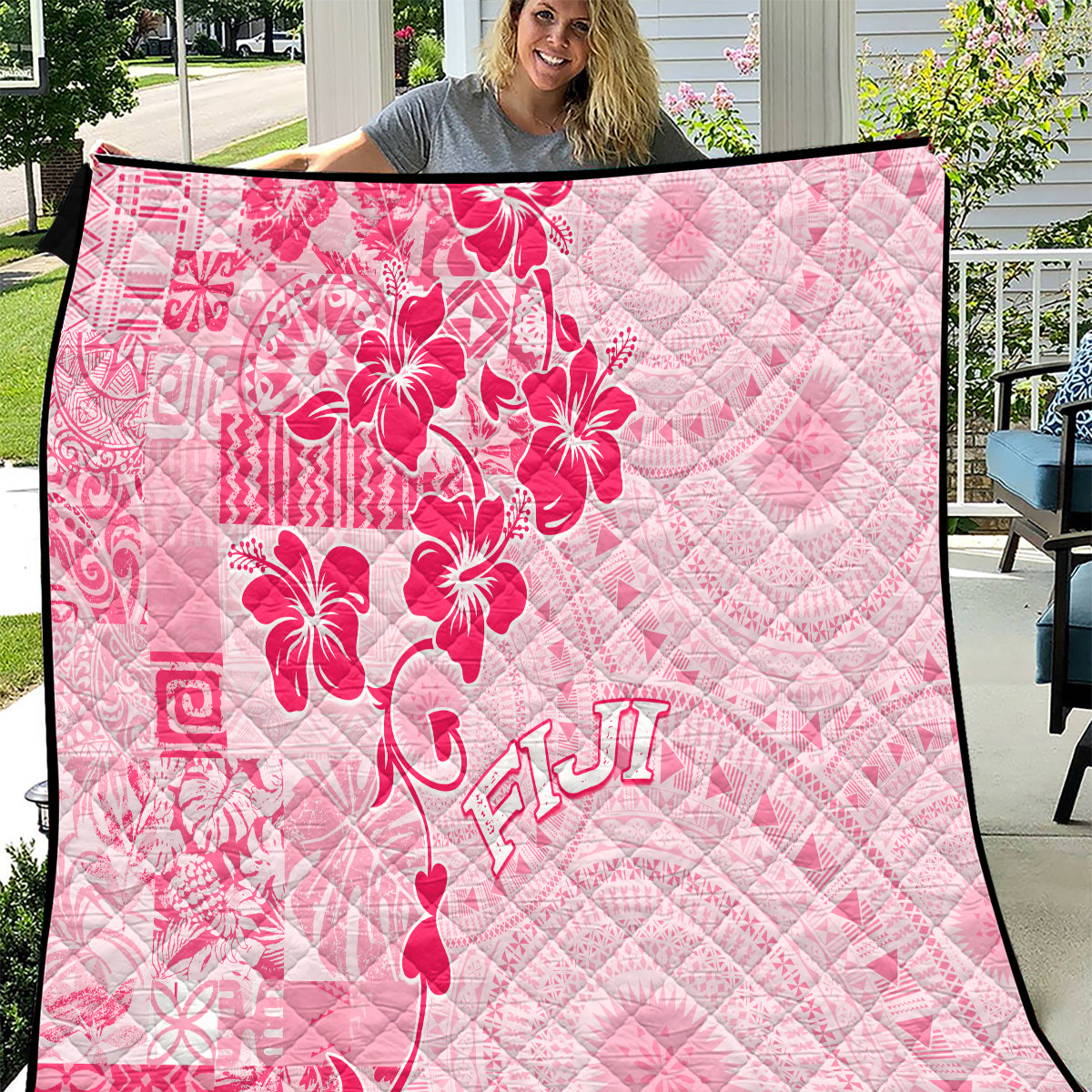 Fiji Masi With Hibiscus Tapa Tribal Quilt Pink Pastel LT01 Pink - Polynesian Pride