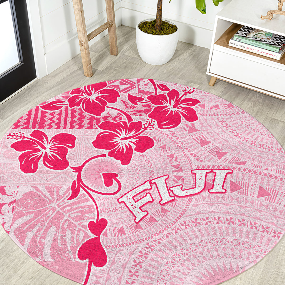 Fiji Masi With Hibiscus Tapa Tribal Round Carpet Pink Pastel LT01 Pink - Polynesian Pride