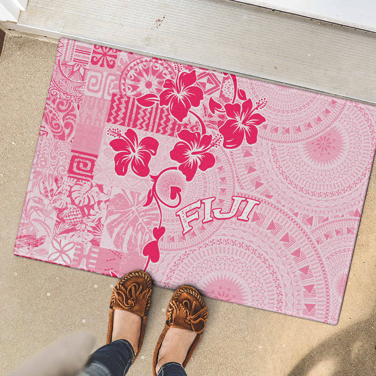 Fiji Masi With Hibiscus Tapa Tribal Rubber Doormat Pink Pastel LT01 - Polynesian Pride