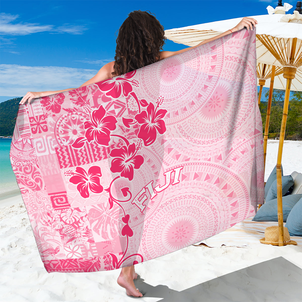 Fiji Masi With Hibiscus Tapa Tribal Sarong Pink Pastel LT01 One Size 44 x 66 inches Pink - Polynesian Pride