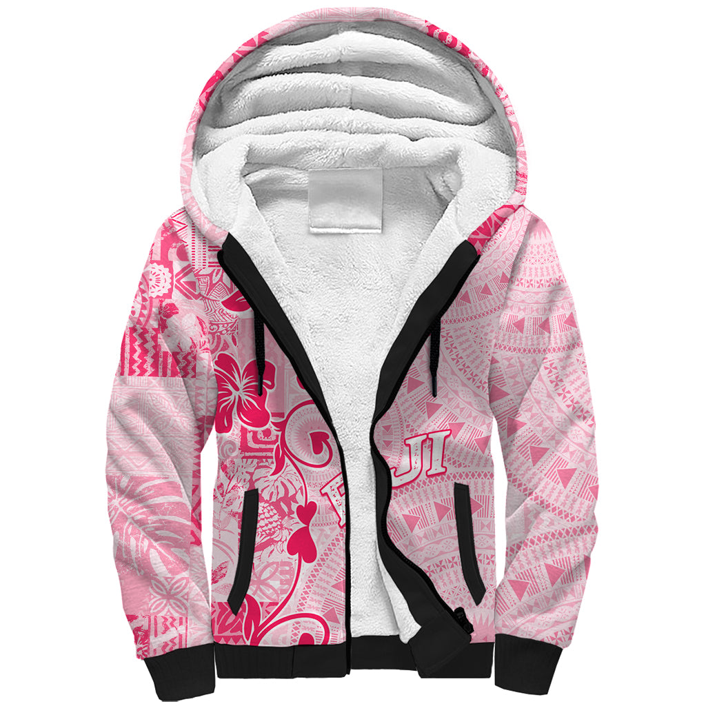 Fiji Masi With Hibiscus Tapa Tribal Sherpa Hoodie Pink Pastel LT01 Unisex Pink - Polynesian Pride