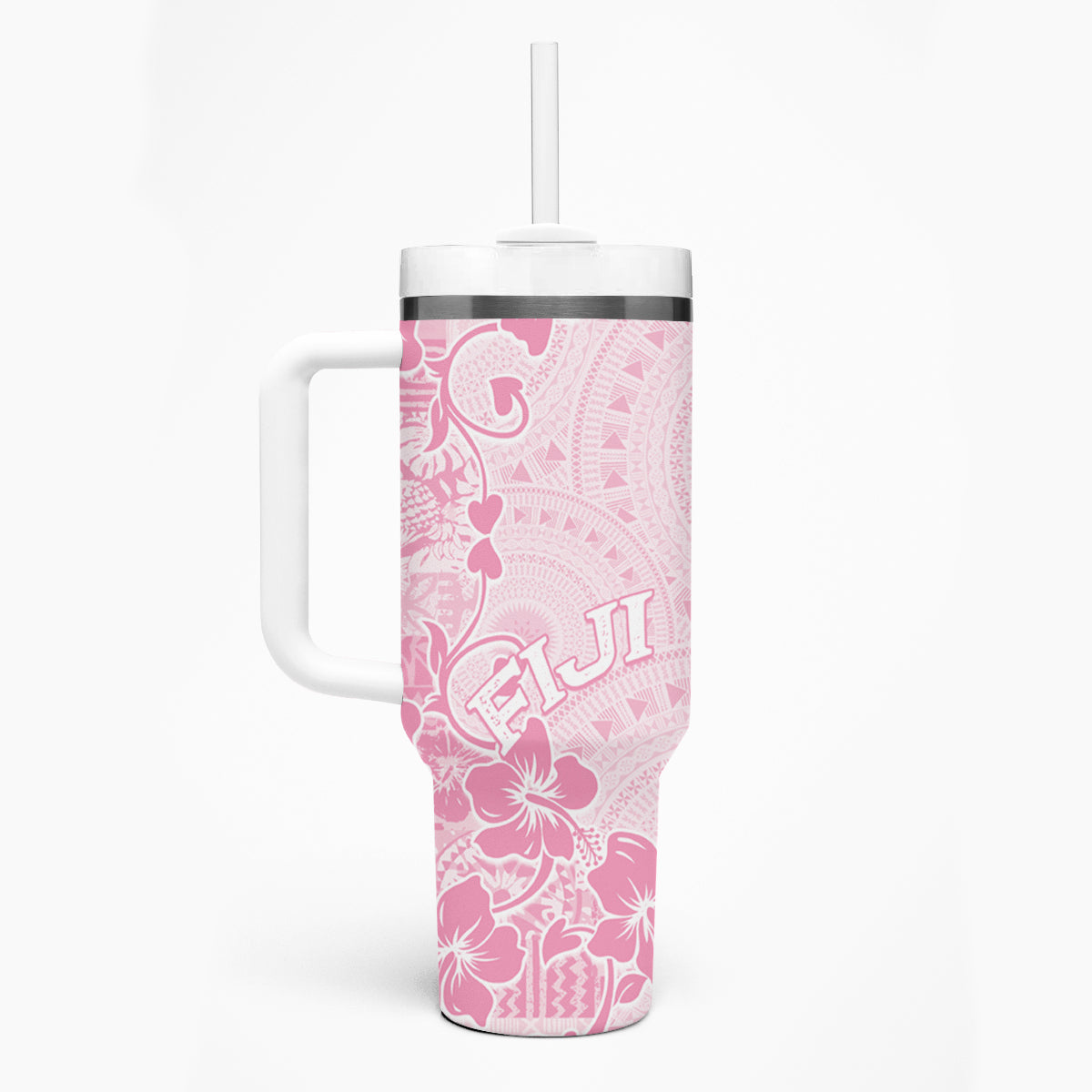 Fiji Masi With Hibiscus Tapa Tribal Tumbler With Handle Pink Pastel