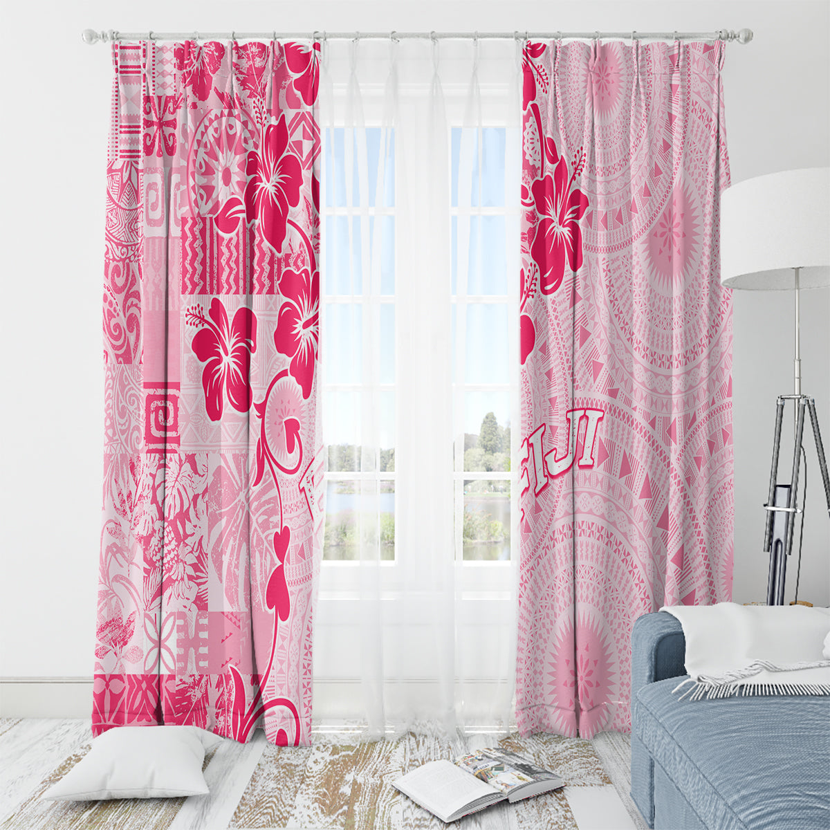Fiji Masi With Hibiscus Tapa Tribal Window Curtain Pink Pastel LT01 - Polynesian Pride
