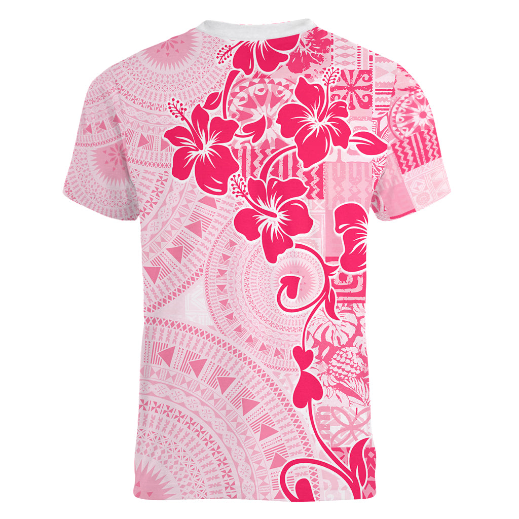 Fiji Masi With Hibiscus Tapa Tribal Women V Neck T Shirt Pink Pastel LT01 - Polynesian Pride