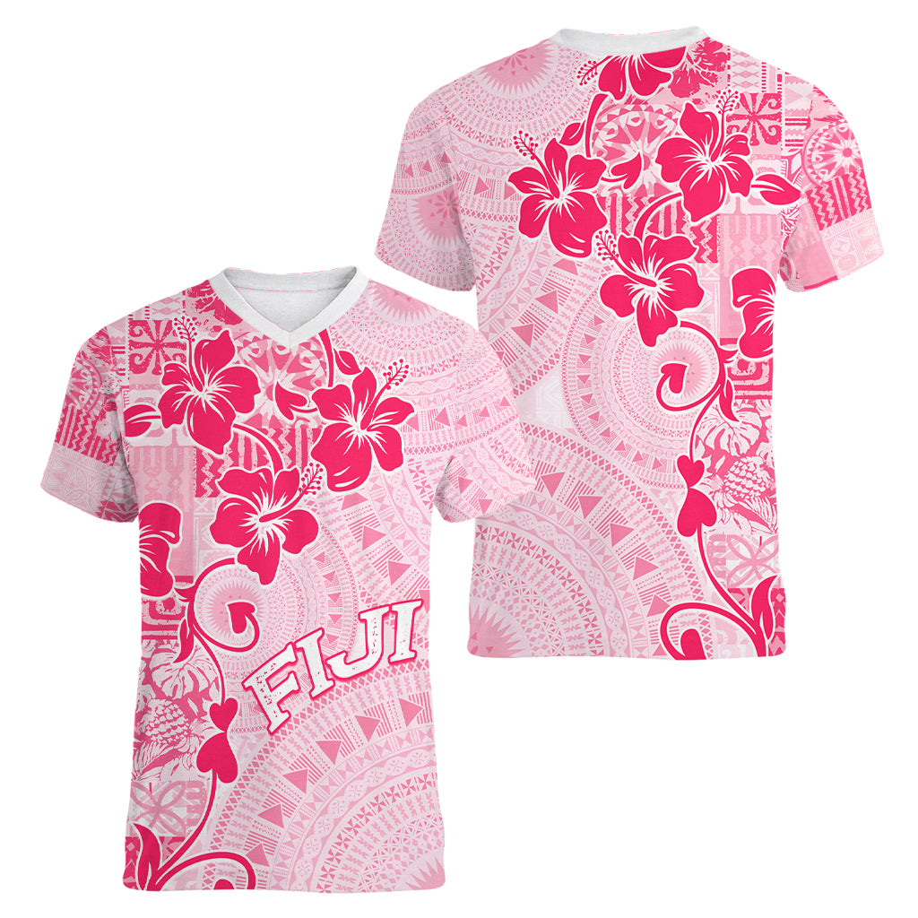 Fiji Masi With Hibiscus Tapa Tribal Women V Neck T Shirt Pink Pastel LT01 - Polynesian Pride