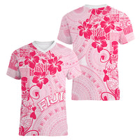 Fiji Masi With Hibiscus Tapa Tribal Women V Neck T Shirt Pink Pastel LT01 - Polynesian Pride