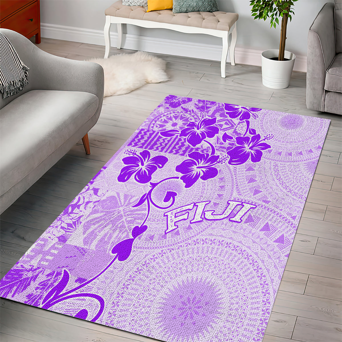 Fiji Masi With Hibiscus Tapa Tribal Area Rug Purple Pastel LT01 - Polynesian Pride