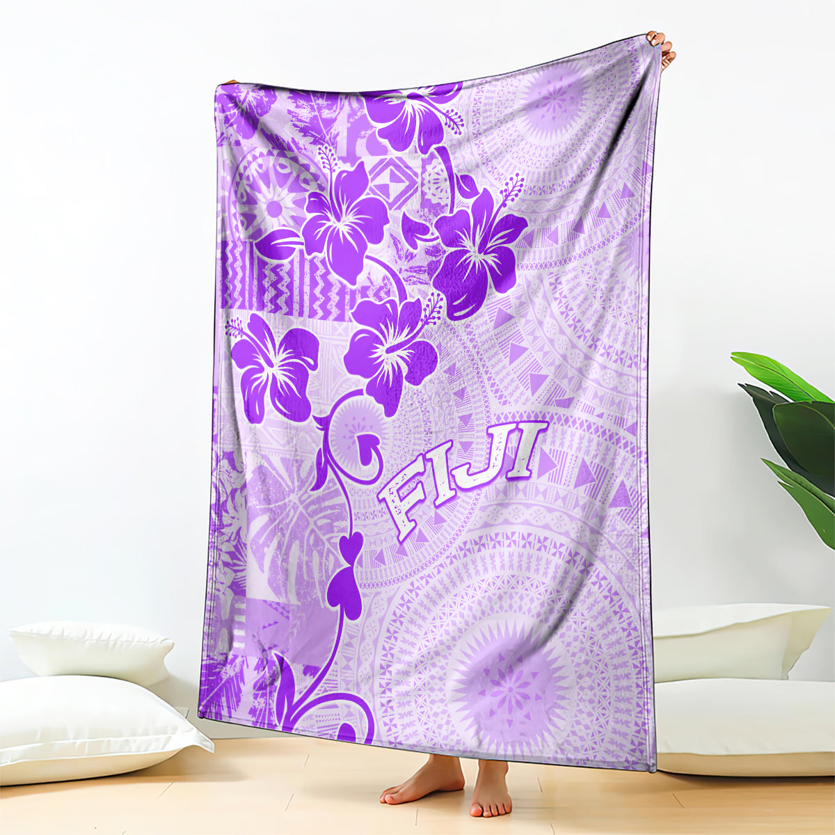 Fiji Masi With Hibiscus Tapa Tribal Blanket Purple Pastel LT01 Purple - Polynesian Pride