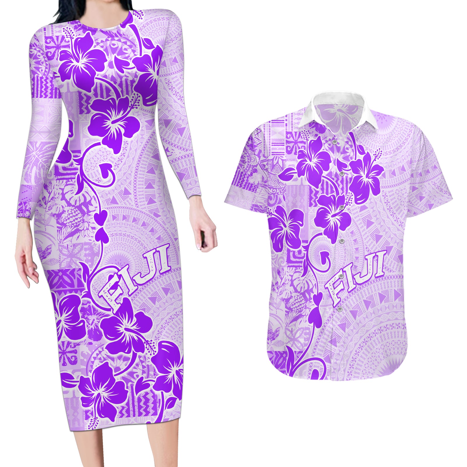 Fiji Masi With Hibiscus Tapa Tribal Couples Matching Long Sleeve Bodycon Dress and Hawaiian Shirt Purple Pastel LT01 Purple - Polynesian Pride