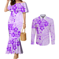 Fiji Masi With Hibiscus Tapa Tribal Couples Matching Mermaid Dress and Long Sleeve Button Shirt Purple Pastel LT01 Purple - Polynesian Pride