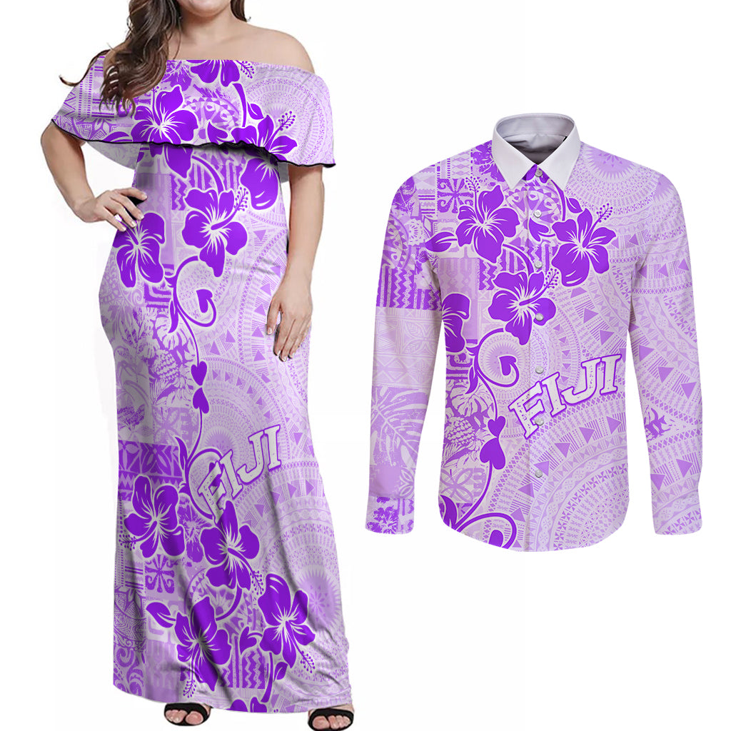 Fiji Masi With Hibiscus Tapa Tribal Couples Matching Off Shoulder Maxi Dress and Long Sleeve Button Shirt Purple Pastel LT01 Purple - Polynesian Pride