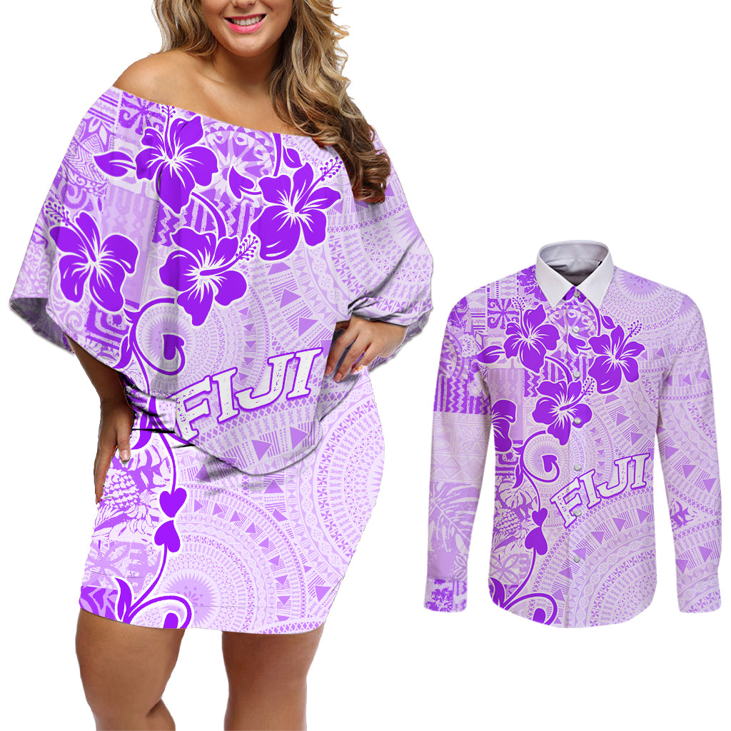 Fiji Masi With Hibiscus Tapa Tribal Couples Matching Off Shoulder Short Dress and Long Sleeve Button Shirt Purple Pastel LT01 Purple - Polynesian Pride