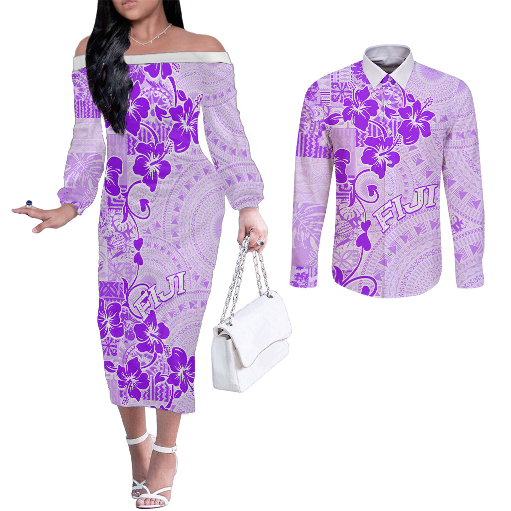 Fiji Masi With Hibiscus Tapa Tribal Couples Matching Off The Shoulder Long Sleeve Dress and Long Sleeve Button Shirt Purple Pastel LT01 Purple - Polynesian Pride