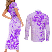 Fiji Masi With Hibiscus Tapa Tribal Couples Matching Short Sleeve Bodycon Dress and Long Sleeve Button Shirt Purple Pastel LT01 - Polynesian Pride