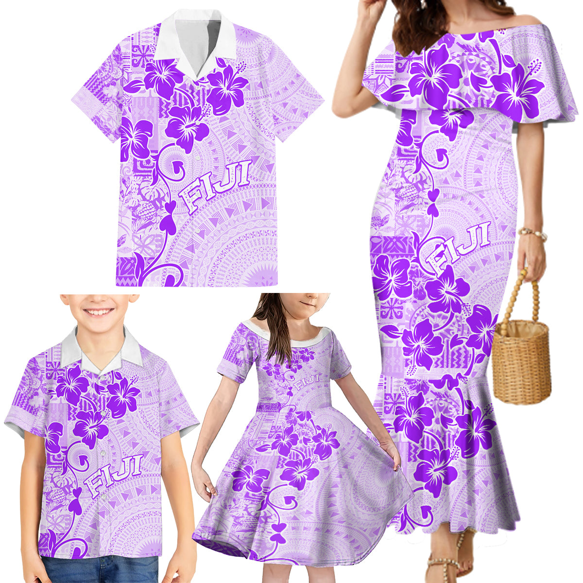 Fiji Masi With Hibiscus Tapa Tribal Family Matching Mermaid Dress and Hawaiian Shirt Purple Pastel LT01 - Polynesian Pride