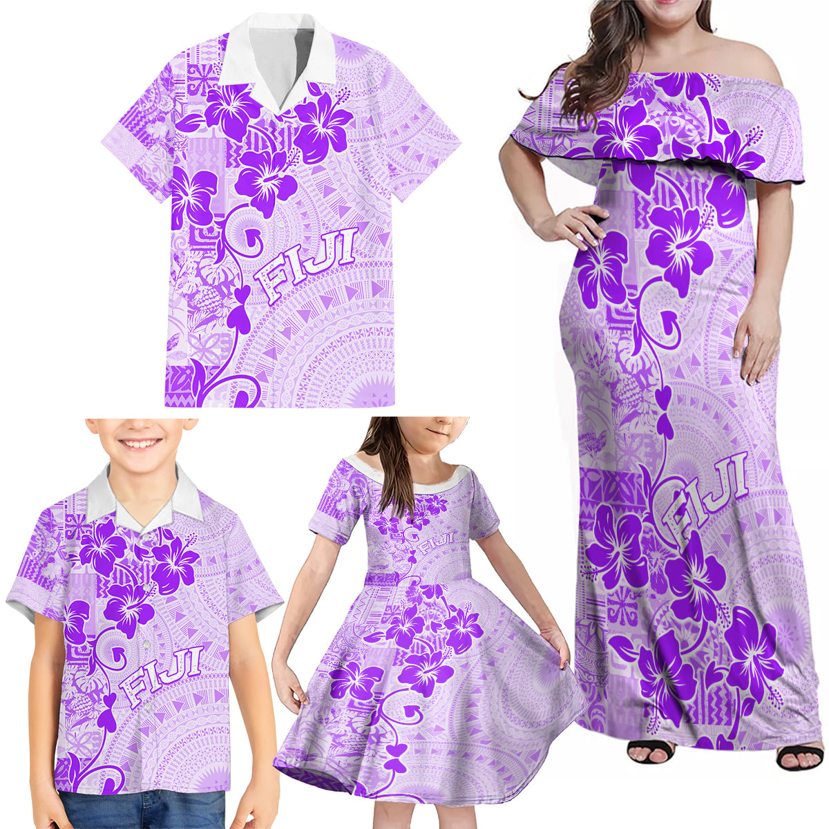 Fiji Masi With Hibiscus Tapa Tribal Family Matching Off Shoulder Maxi Dress and Hawaiian Shirt Purple Pastel LT01 - Polynesian Pride