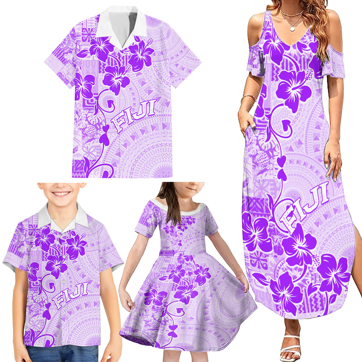 Fiji Masi With Hibiscus Tapa Tribal Family Matching Summer Maxi Dress and Hawaiian Shirt Purple Pastel LT01 - Polynesian Pride