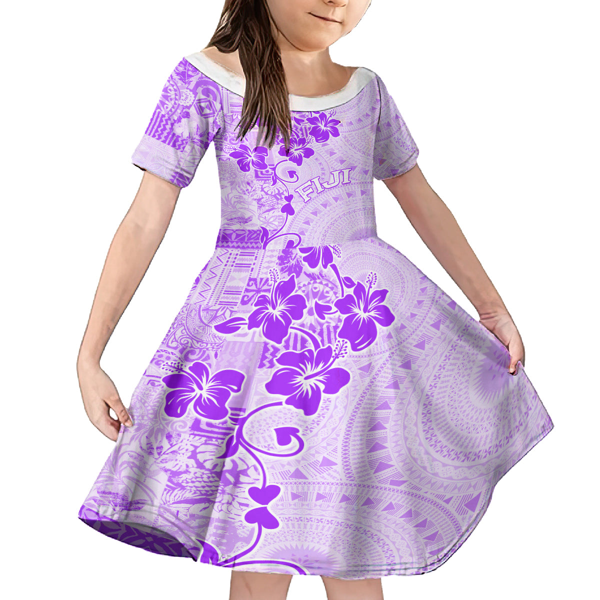 Fiji Masi With Hibiscus Tapa Tribal Family Matching Tank Maxi Dress and Hawaiian Shirt Purple Pastel LT01 Daughter's Dress Purple - Polynesian Pride