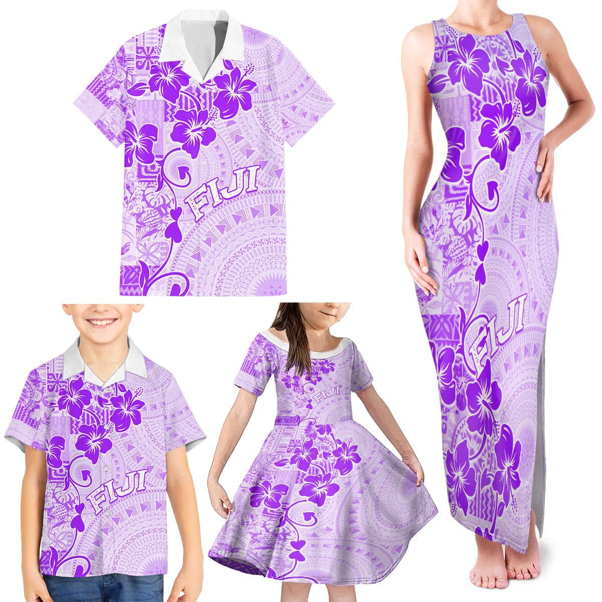 Fiji Masi With Hibiscus Tapa Tribal Family Matching Tank Maxi Dress and Hawaiian Shirt Purple Pastel LT01 - Polynesian Pride