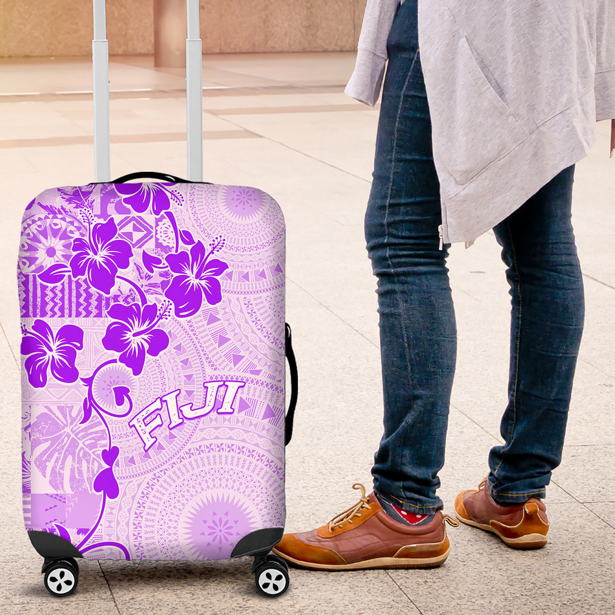 Fiji Masi With Hibiscus Tapa Tribal Luggage Cover Purple Pastel LT01 Purple - Polynesian Pride