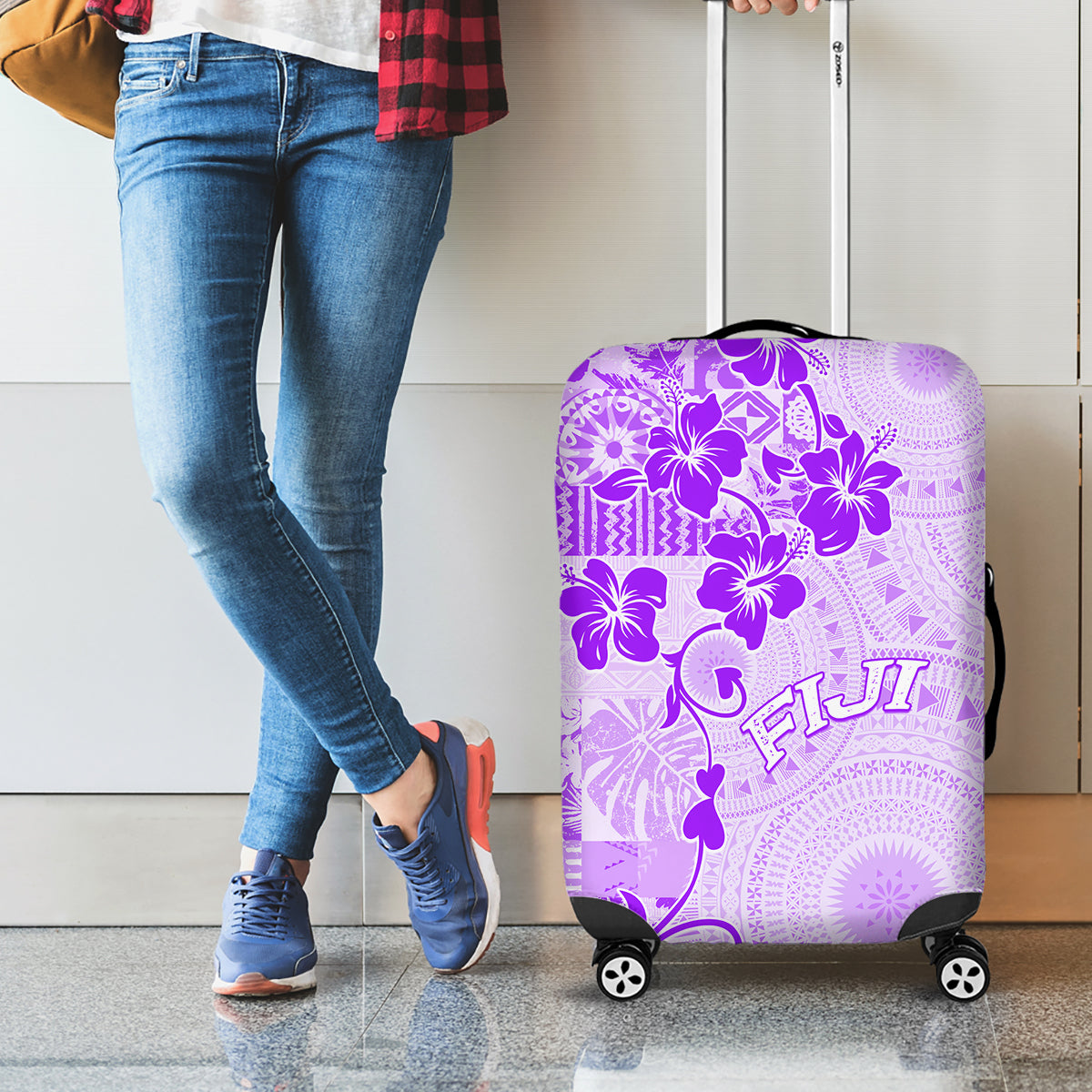 Fiji Masi With Hibiscus Tapa Tribal Luggage Cover Purple Pastel LT01 - Polynesian Pride