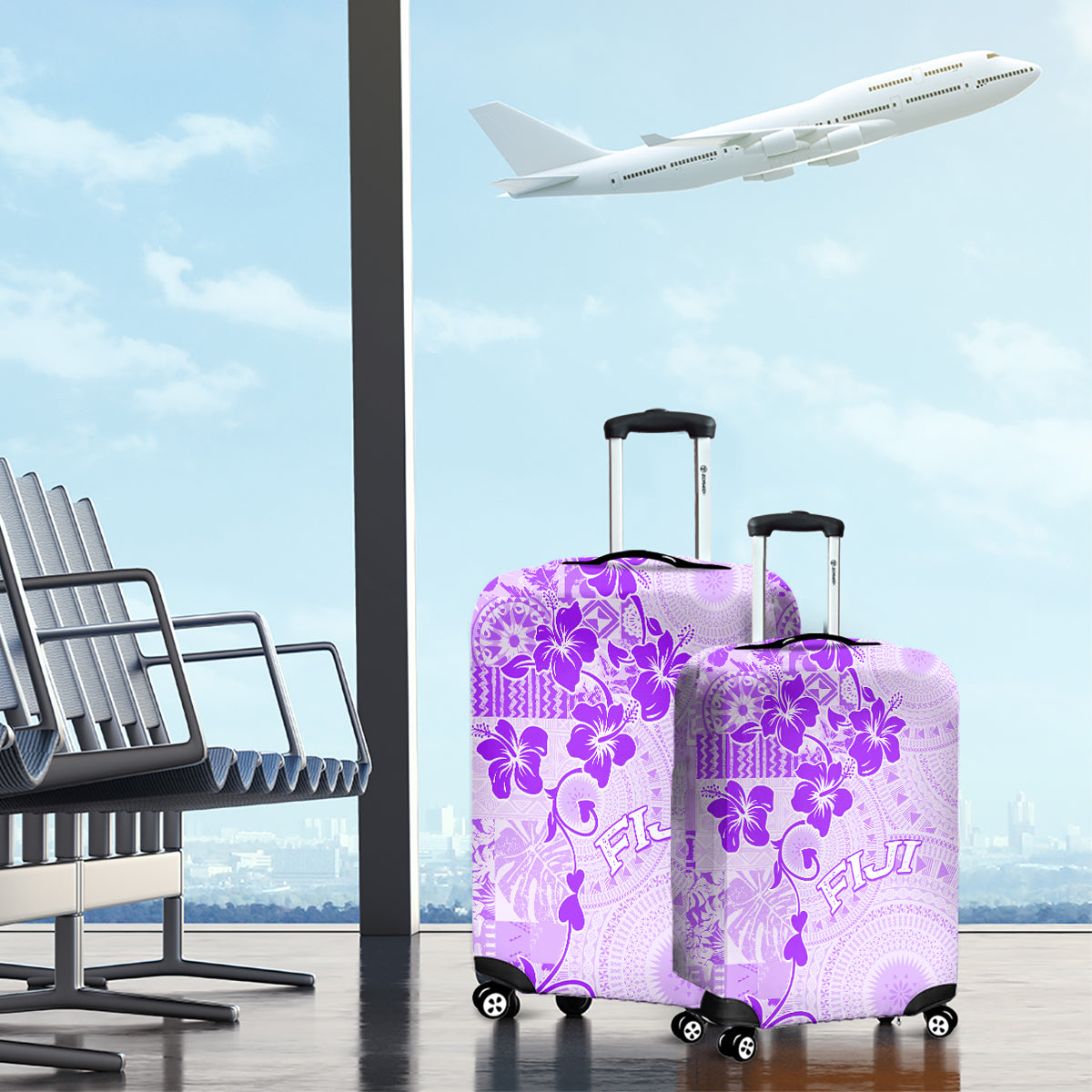 Fiji Masi With Hibiscus Tapa Tribal Luggage Cover Purple Pastel LT01 - Polynesian Pride