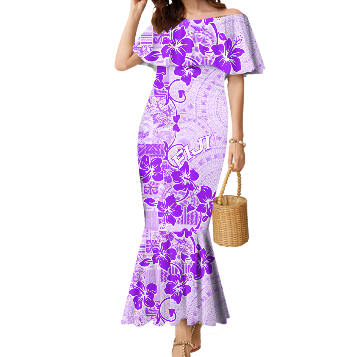 Fiji Masi With Hibiscus Tapa Tribal Mermaid Dress Purple Pastel LT01 Women Purple - Polynesian Pride