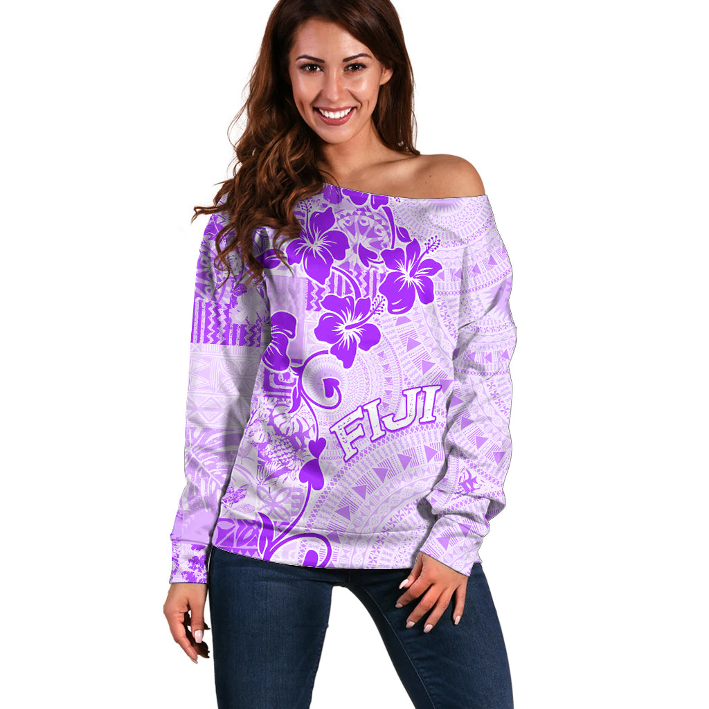 Fiji Masi With Hibiscus Tapa Tribal Off Shoulder Sweater Purple Pastel LT01 Women Purple - Polynesian Pride