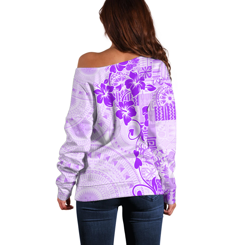 Fiji Masi With Hibiscus Tapa Tribal Off Shoulder Sweater Purple Pastel LT01 - Polynesian Pride
