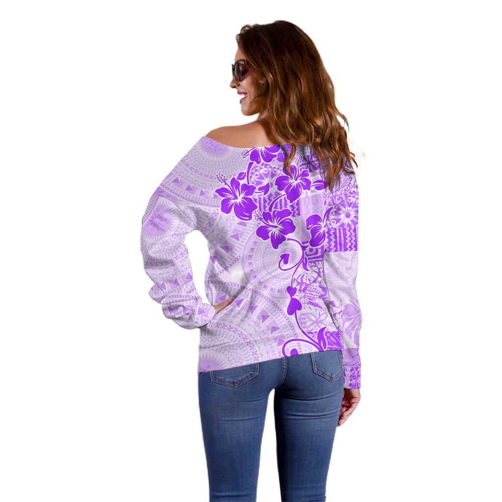 Fiji Masi With Hibiscus Tapa Tribal Off Shoulder Sweater Purple Pastel LT01 - Polynesian Pride