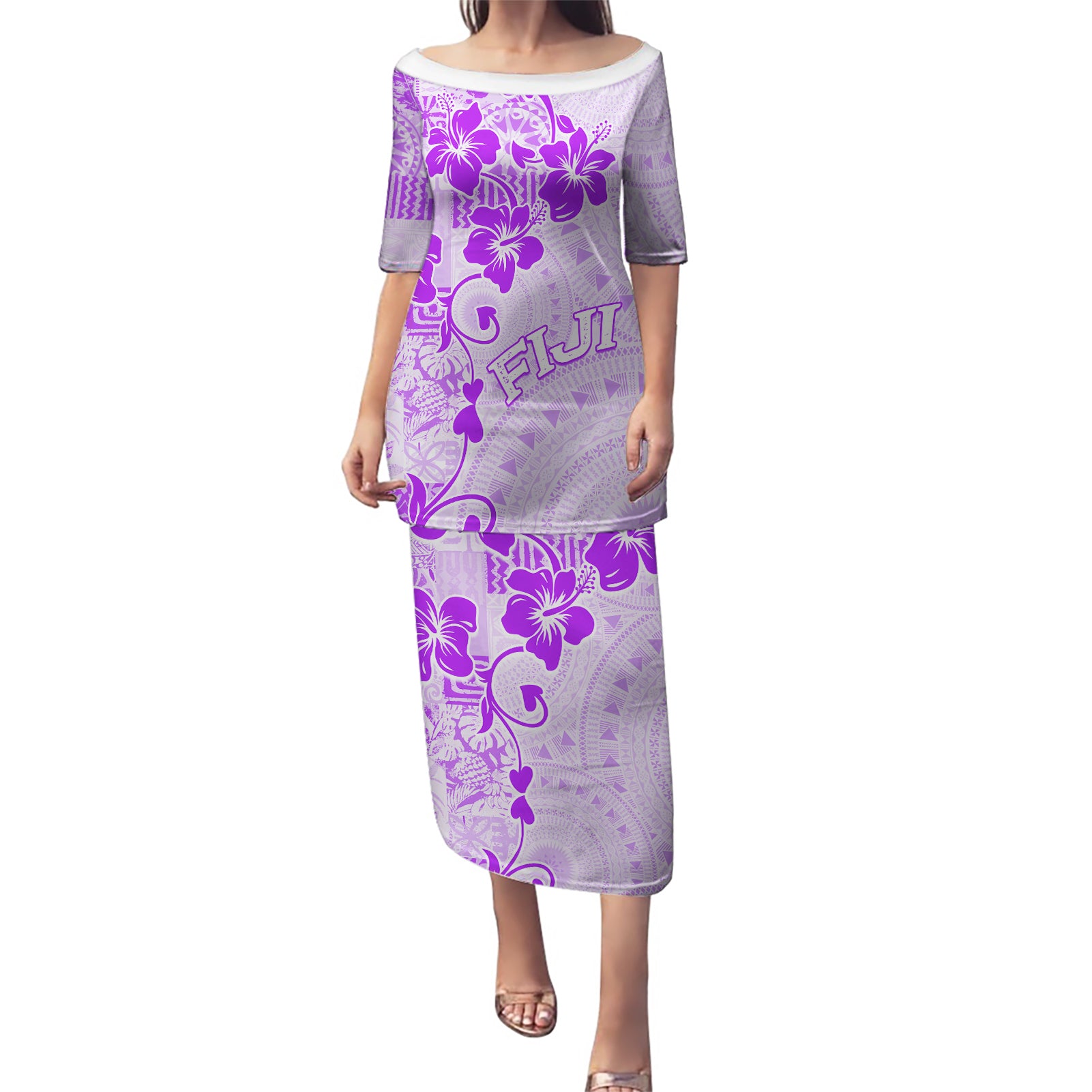 Fiji Masi With Hibiscus Tapa Tribal Puletasi Purple Pastel LT01 Long Dress Purple - Polynesian Pride