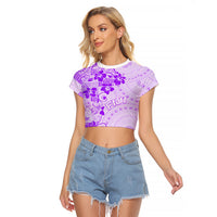 Fiji Masi With Hibiscus Tapa Tribal Raglan Cropped T Shirt Purple Pastel LT01 Female Purple - Polynesian Pride