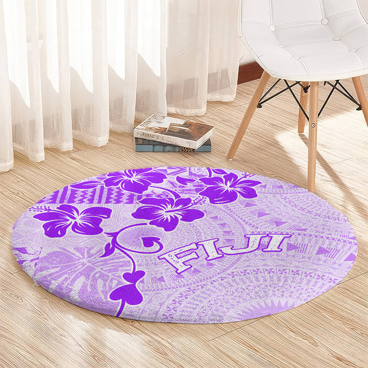 Fiji Masi With Hibiscus Tapa Tribal Round Carpet Purple Pastel LT01 - Polynesian Pride