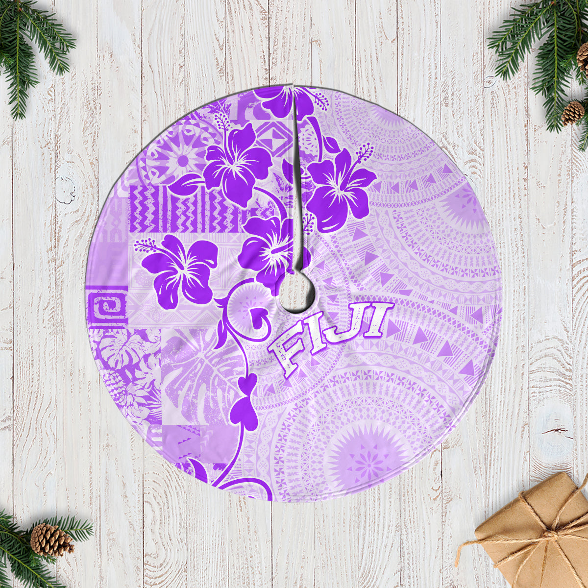 Fiji Masi With Hibiscus Tapa Tribal Tree Skirt Purple Pastel LT01 Casual Tree Skirts Purple - Polynesian Pride